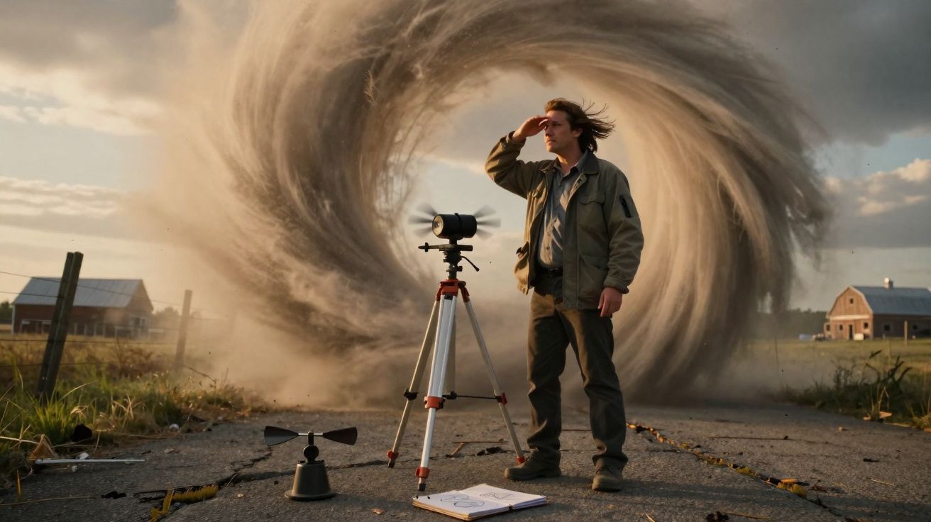 Homem observa tornado giratório em estrada rural com equipamento meteorológico ao redor.