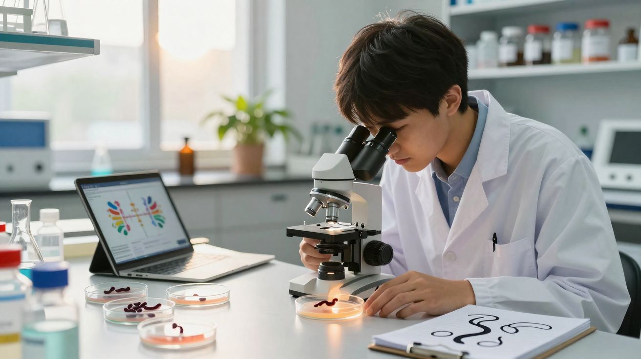 Jovem cientista usando jaleco observa amostra em lâmina no microscópio em laboratório moderno.