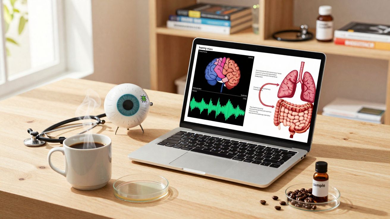 Mesa com laptop exibindo imagens médicas, café fumegante, estetoscópio e amostras científicas.