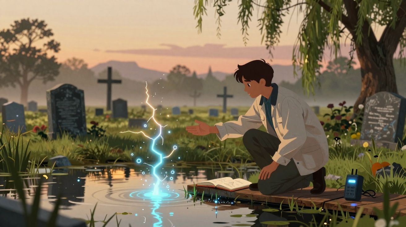 Jovem em cemitério interage com luz mágica azul que surge na água ao pôr do sol.