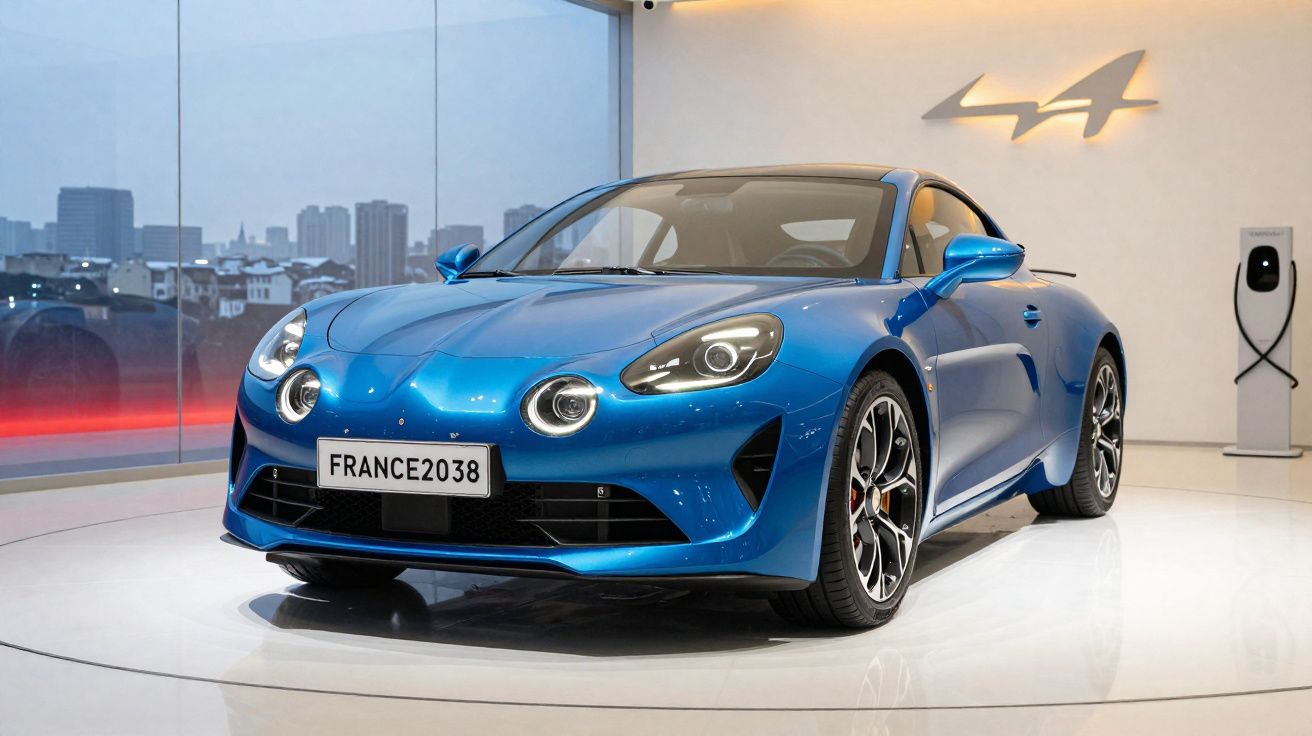Carro esportivo azul Alpine A110 exposto em showroom com cidade ao fundo e carregador elétrico na parede.