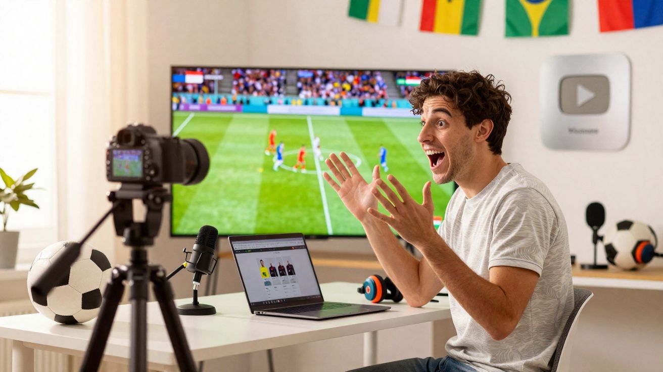 Homem animado gravando vídeo sobre futebol com câmera, microfone e computador na mesa.