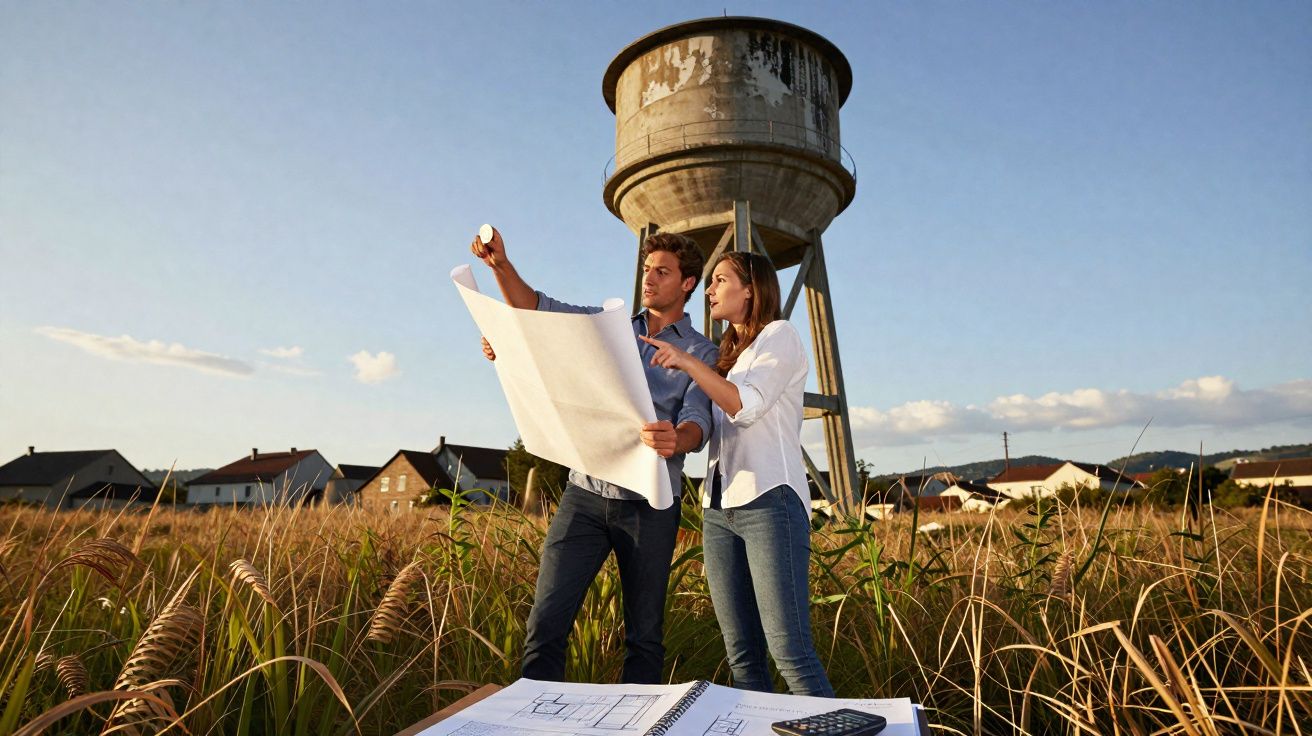 Casal analisando planta em campo próximo a uma torre de água antiga ao entardecer.