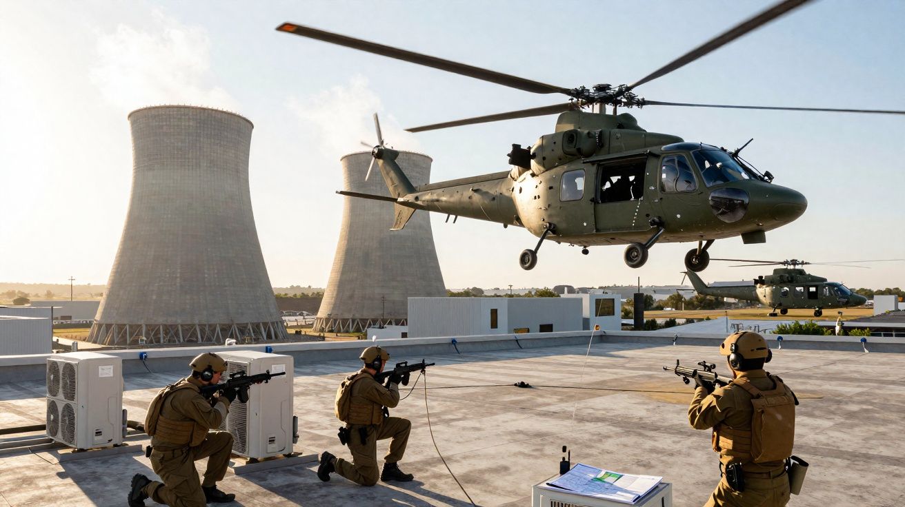 Helicóptero militar pairando sobre telhado com três soldados armados em posição de combate e usinas ao fundo.