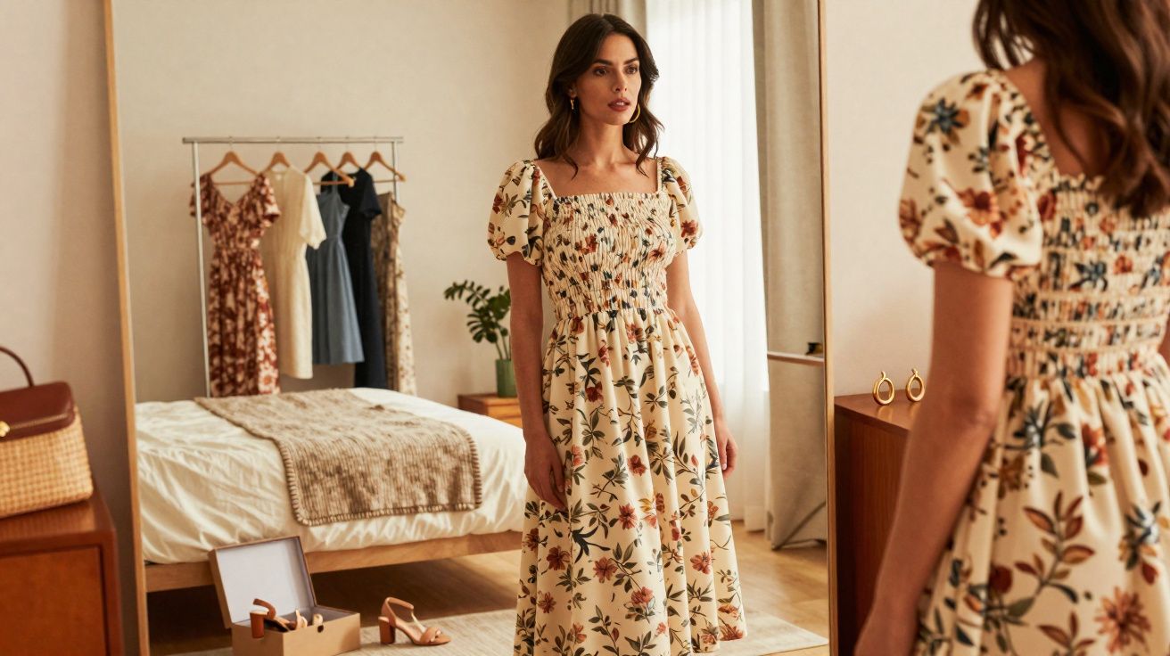 Mulher olhando no espelho vestindo vestido floral amarelo com mangas bufantes em quarto com roupas penduradas.
