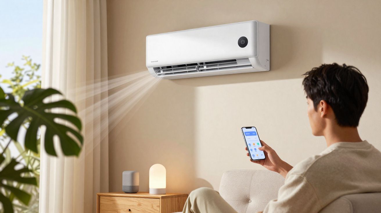 Homem usando celular para controlar ar-condicionado em sala com planta e luminária.