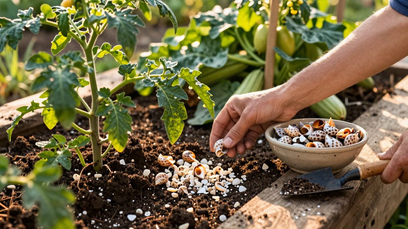 Mão espalhando conchas pequenas e quebradas ao redor de planta em canteiro de jardim com pá de terra.