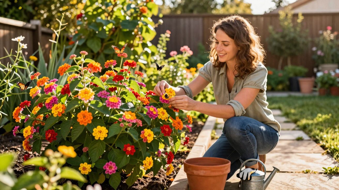 Mulher sorrindo cuidando de flores coloridas em jardim ensolarado com regador e vaso de barro ao lado.