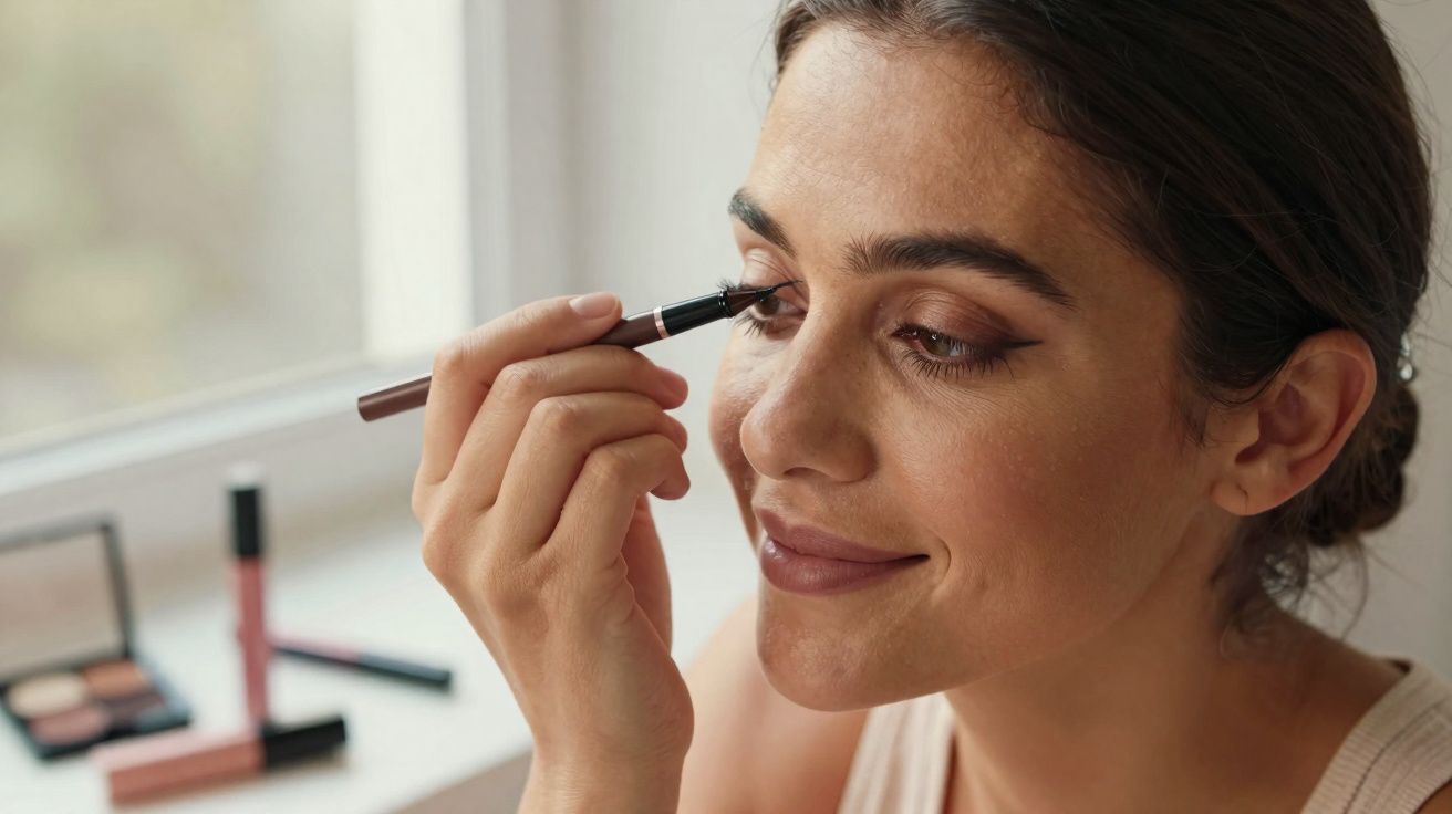 Mulher aplicando delineador nos olhos com produtos de maquiagem ao fundo, perto da janela.