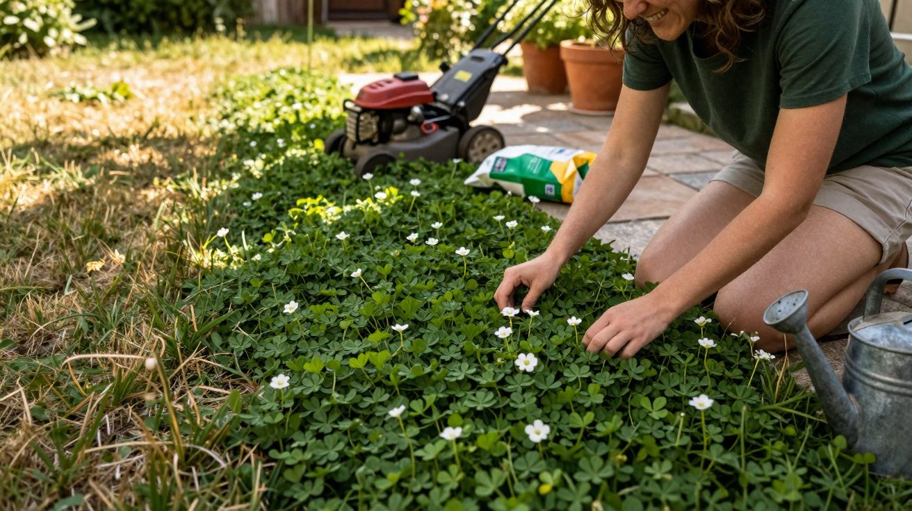 Mulher agachada cuidando de plantas com flores brancas, com regador e cortador de grama ao fundo.