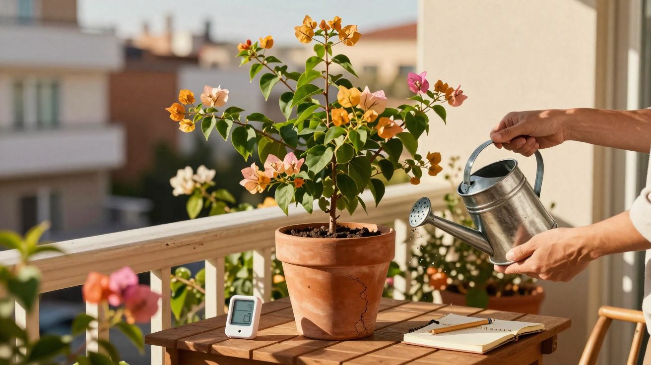 Pessoa regando planta florida em vaso de barro sobre mesa de madeira em varanda ensolarada.