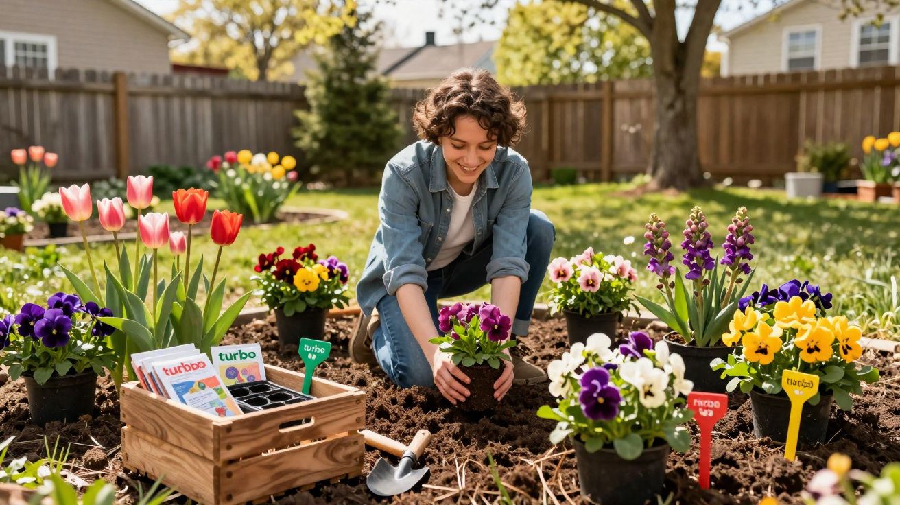 Pessoa sorrindo e plantando flores coloridas em jardim ensolarado com ferramentas ao lado.