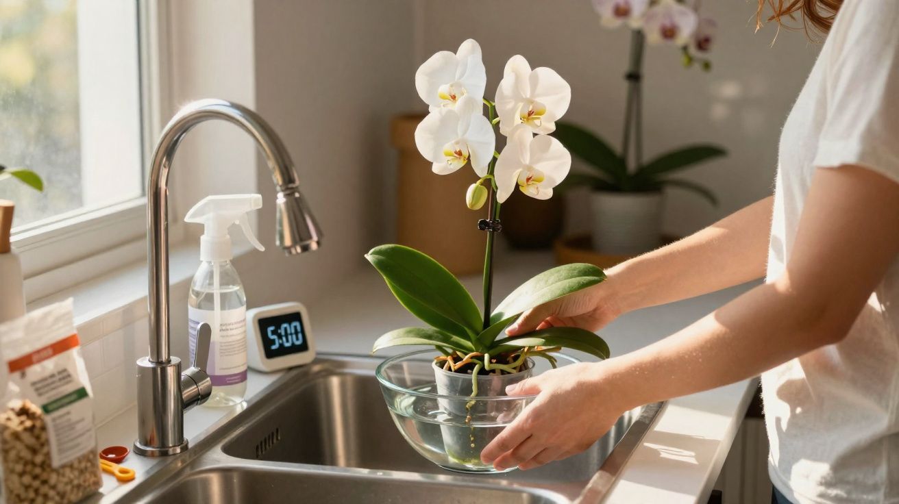 Pessoa colocando orquídea branca em recipiente com água na pia da cozinha iluminada pelo sol.