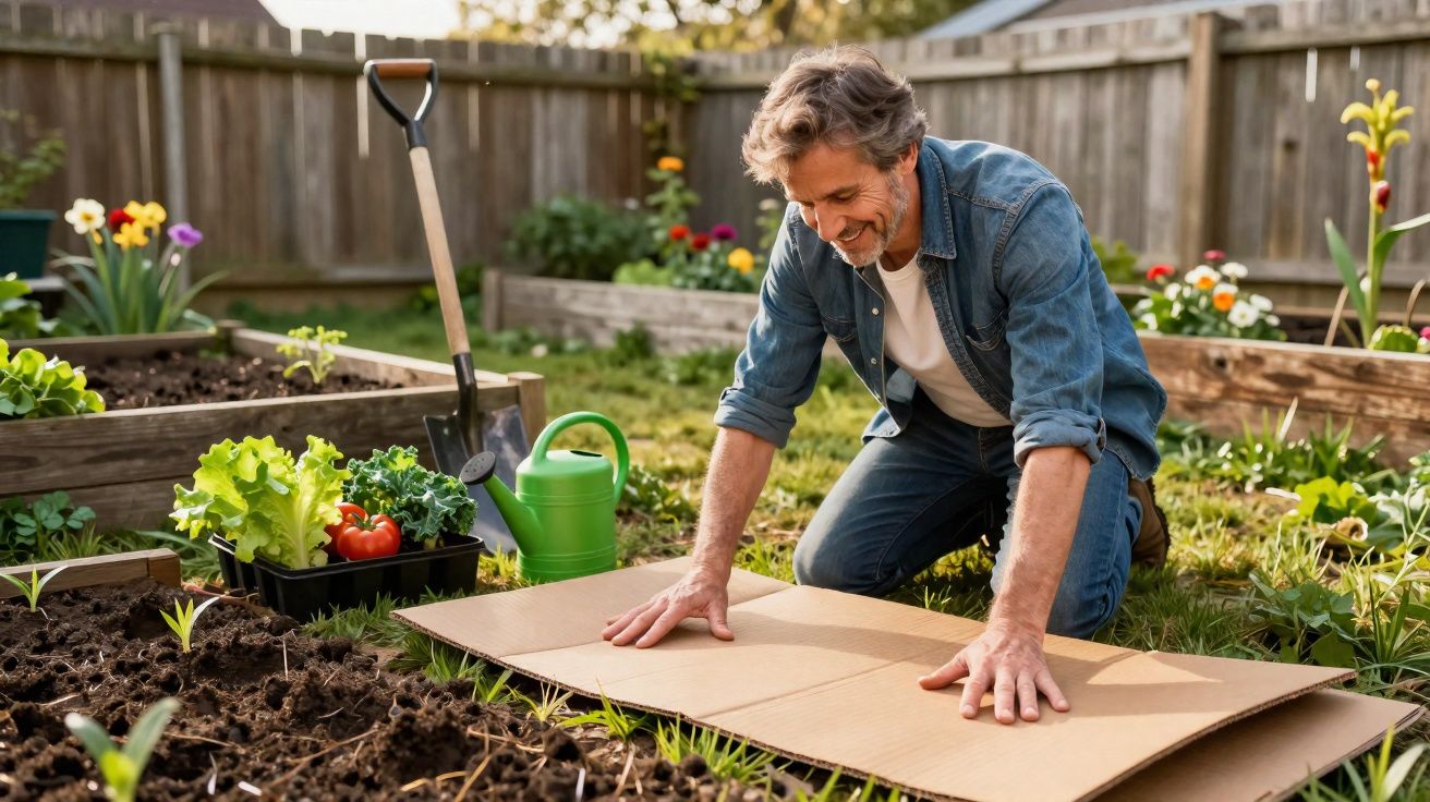 Homem sorridente ajoelhado preparando jardinagem com caixa de verduras e regador em horta ao ar livre.