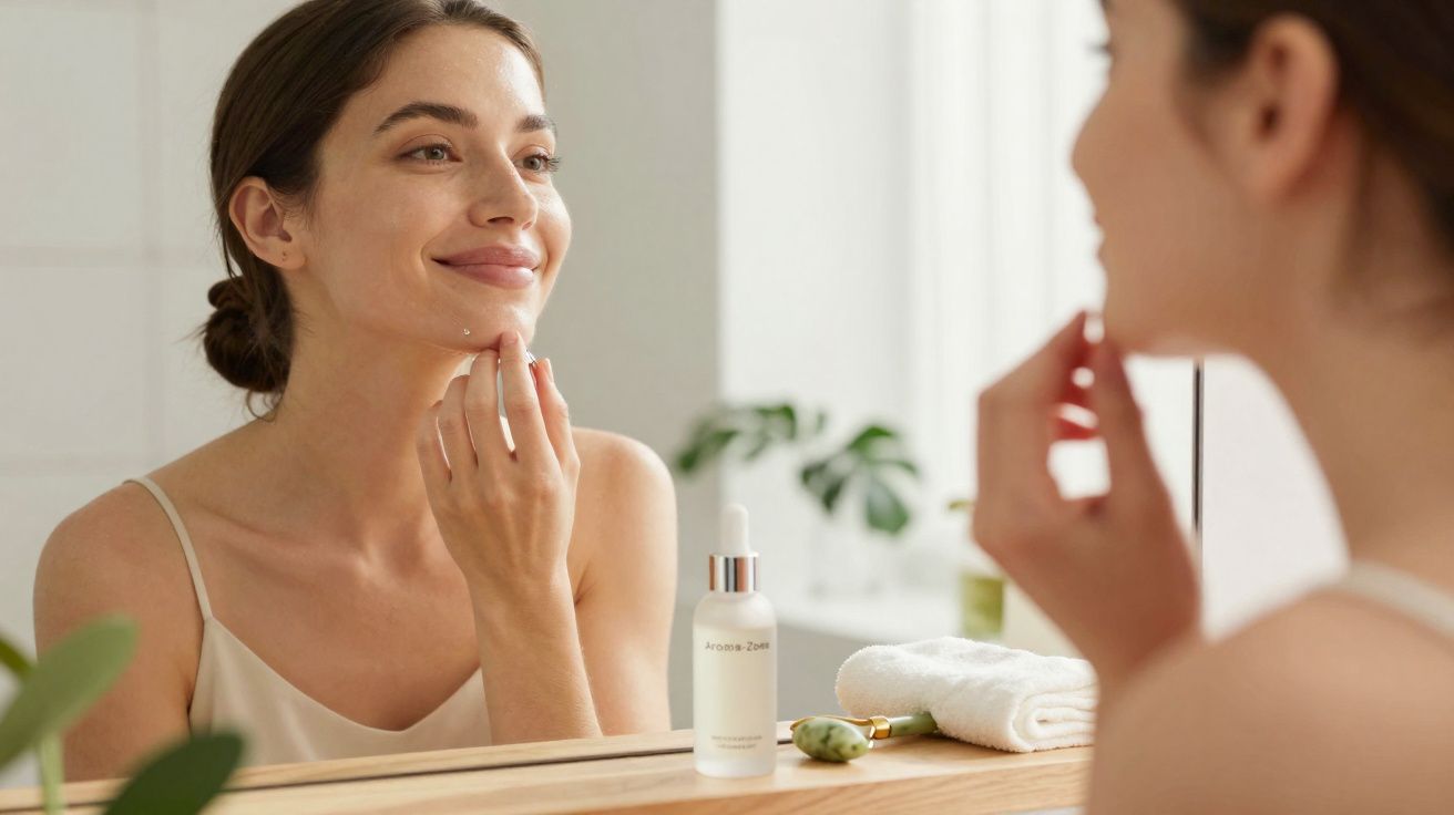 Mulher aplicando sérum facial, sorrindo diante do espelho em ambiente claro e tranquilo.
