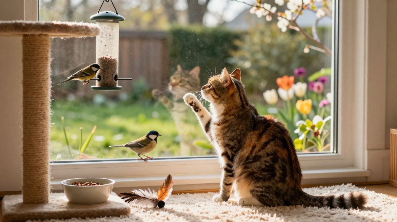 Gato observando e tentando alcançar pássaros na janela em ambiente interno com arranhador e brinquedo.