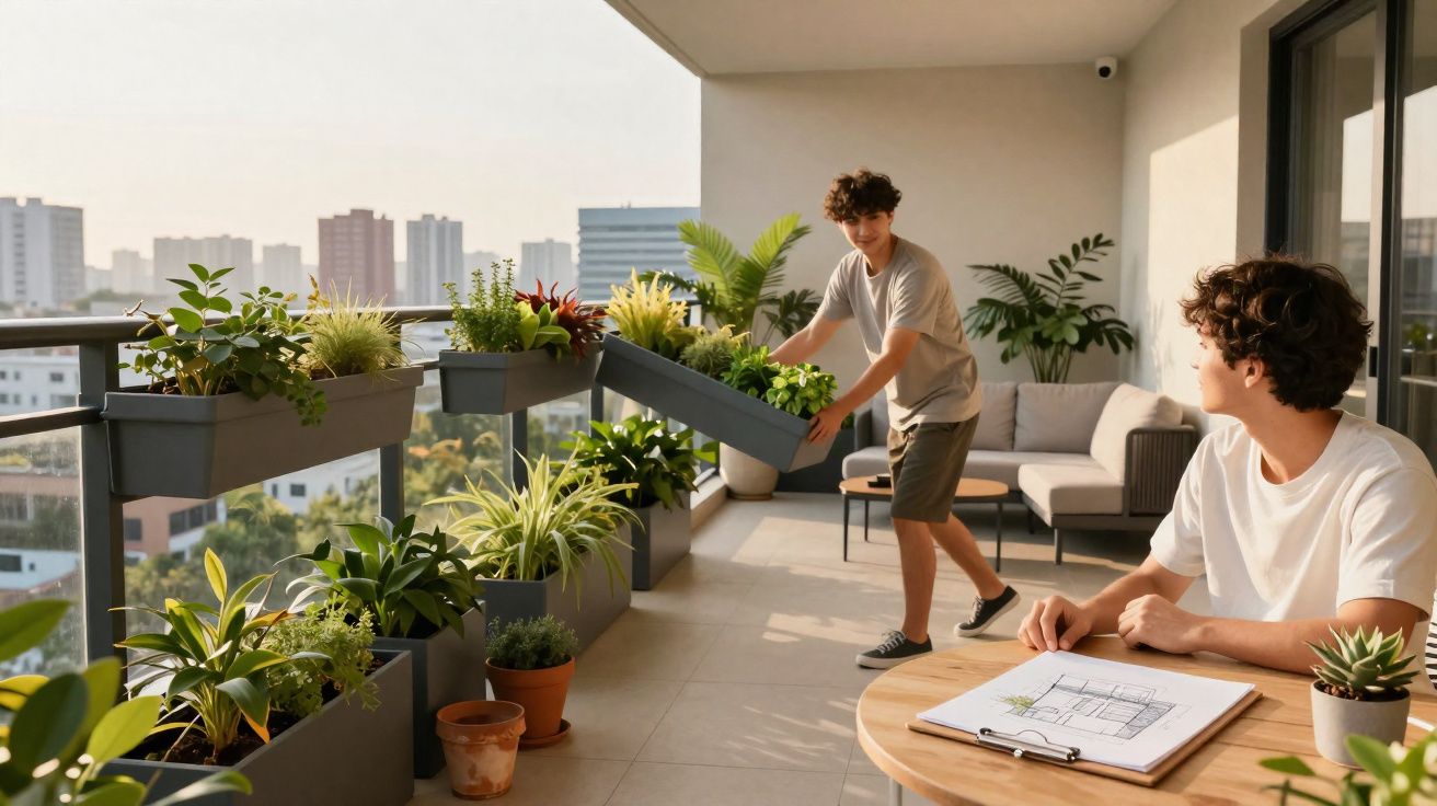 Dois jovens cuidando de plantas em vasos no terraço de um apartamento com vista para a cidade.