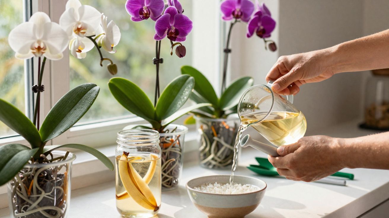 Mãos derramando água de regador sobre orquídeas brancas e roxas em vasos transparentes perto de janela.