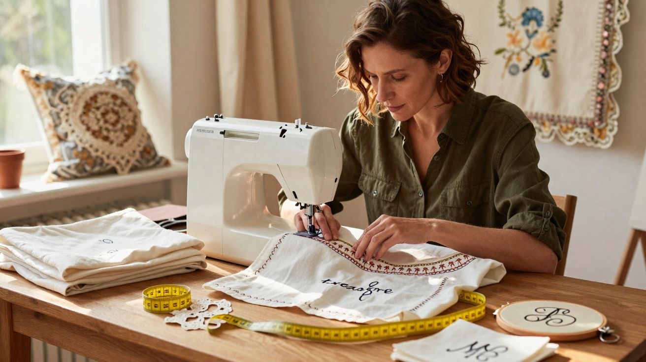Mulher costurando à máquina bordado em pano branco com fita métrica amarela sobre mesa de madeira.
