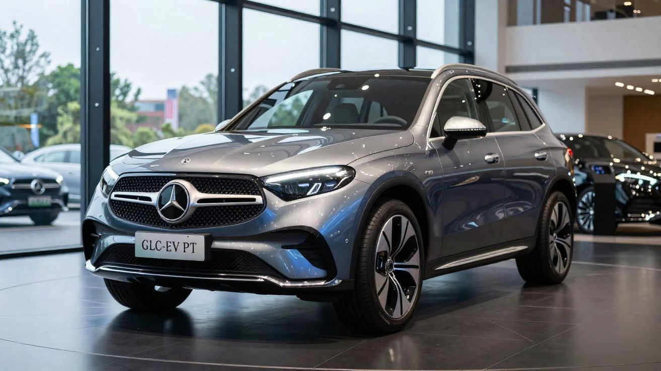 Carro elétrico Mercedes-Benz GLC-EV PT prata em exposição em showroom moderno.