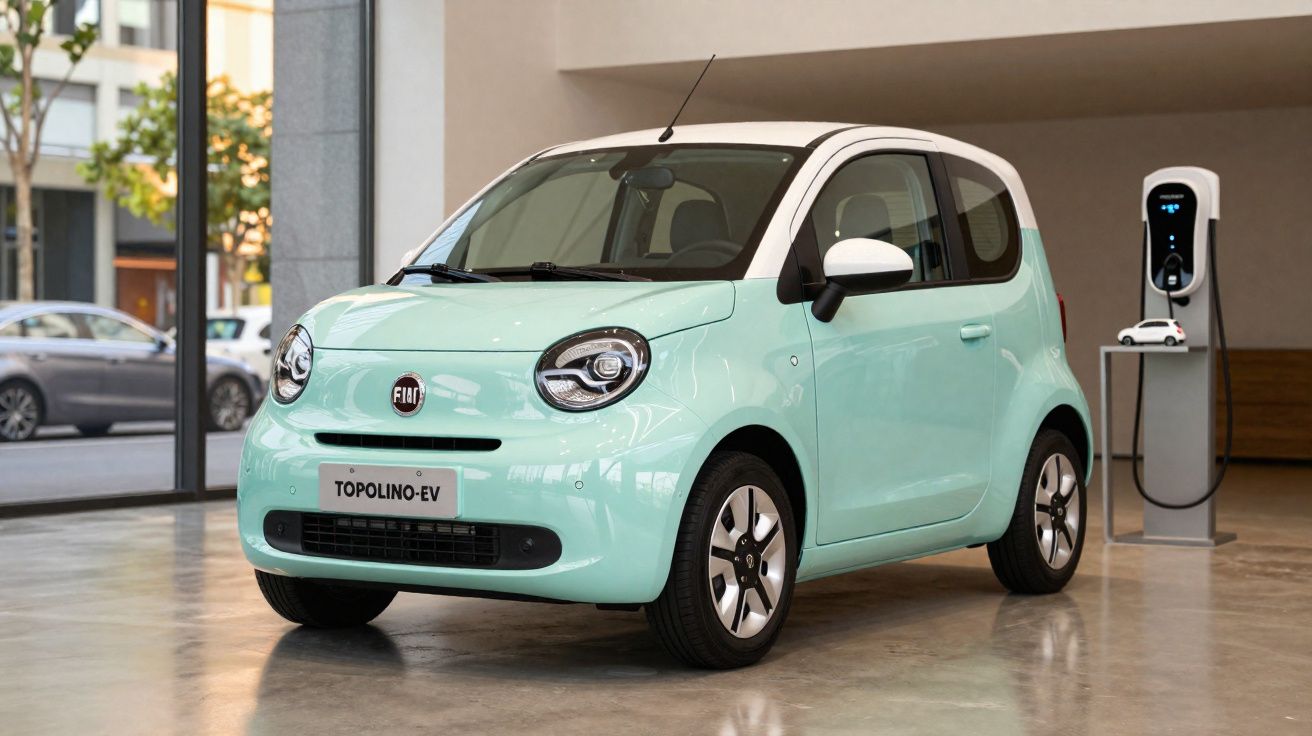 Carro elétrico Fiat Topolino-EV verde claro com teto branco em ambiente interno moderno.