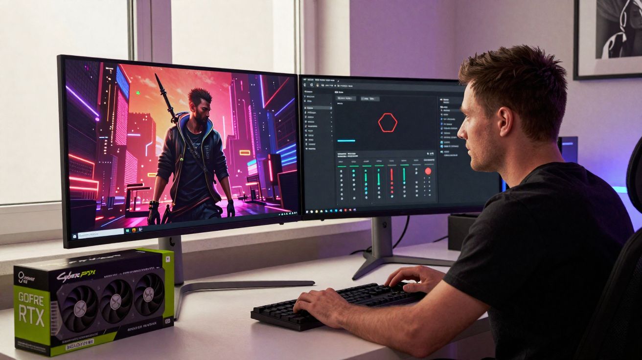 Homem usando computador com dois monitores, um exibindo jogo Cyberpunk 2077 e outro software de configuração.