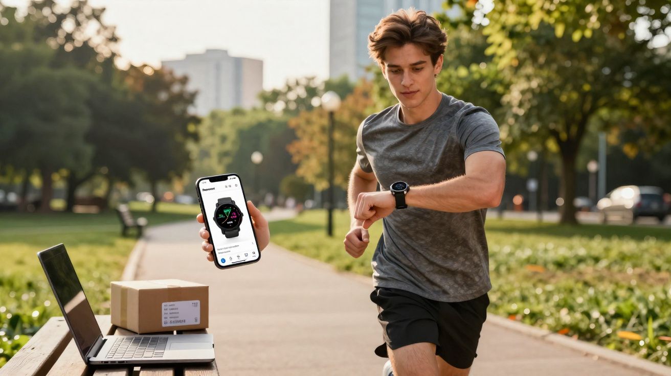 Homem correndo em parque checando relógio esportivo, com celular exibindo app e laptop sobre banco.