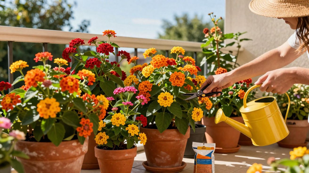 Pessoa cuidando de flores coloridas em vasos de barro em varanda ensolarada, com regador amarelo e tesoura.