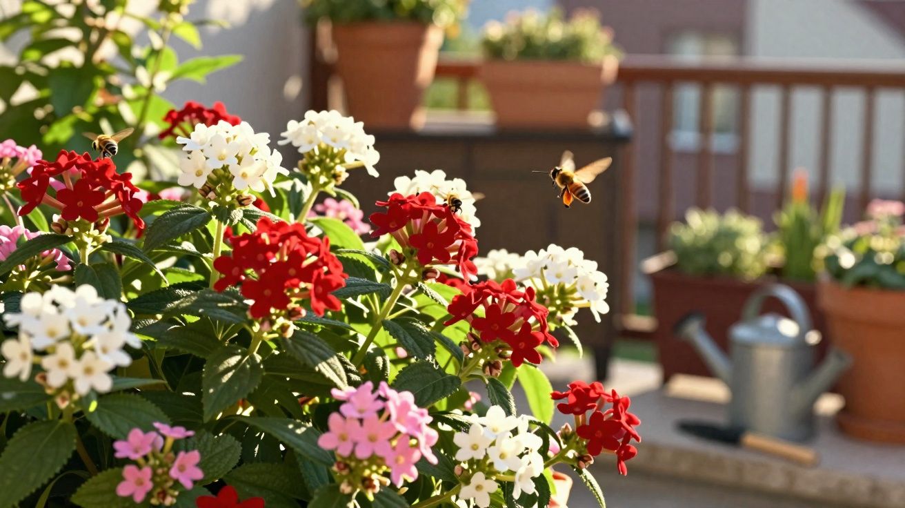 Flores vermelhas, brancas e rosas com duas abelhas voando em varanda ensolarada com regador ao fundo.