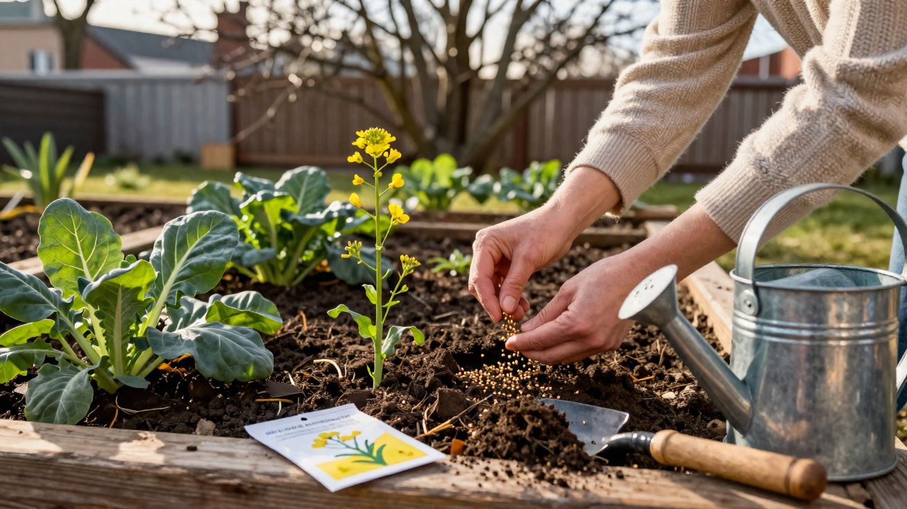 Pessoa sem rosto plantando sementes em canteiro de terra com regador, pá e plantas ao redor.