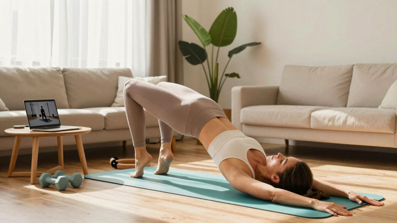 Mulher fazendo ponte de exercícios em tapete de yoga na sala de estar com laptop e halteres ao lado.
