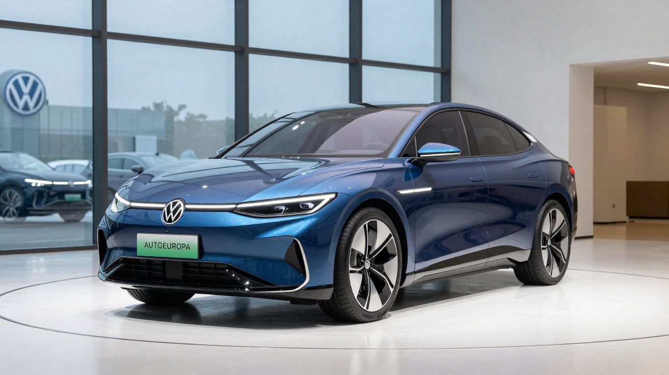Carro elétrico Volkswagen azul exibido em showroom moderno com janela grande ao fundo.