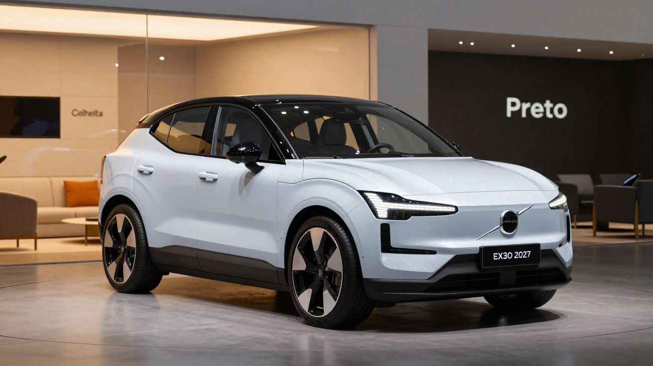 Carro elétrico branco Volvo EX30 2027 exibido em showroom moderno com parede preta ao fundo.