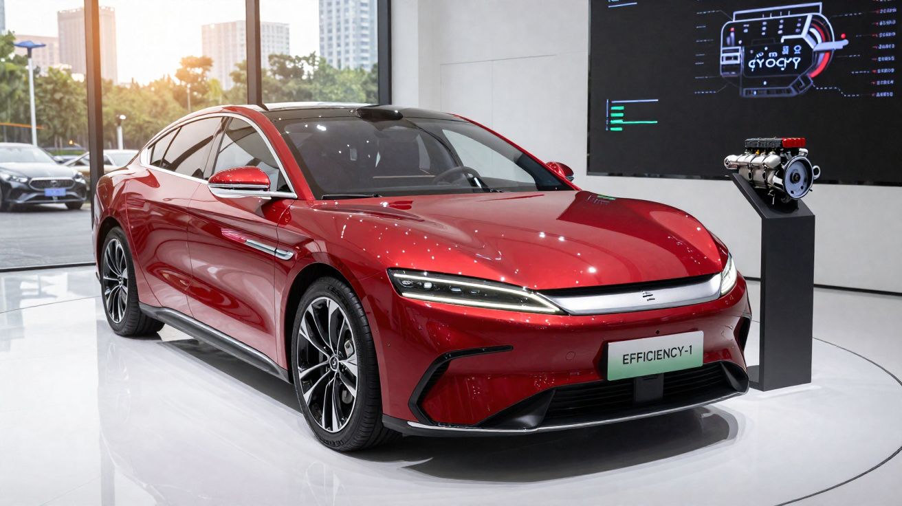 Carro elétrico vermelho modelo Efficiency-1 exibido em showroom moderno com motor exposto ao lado.