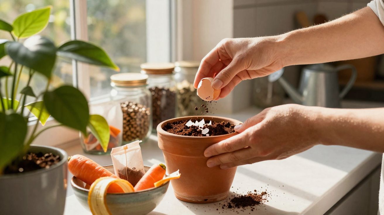 Mãos plantando sementes em vaso de barro com terra perto de janela iluminada, vaso com planta ao lado.