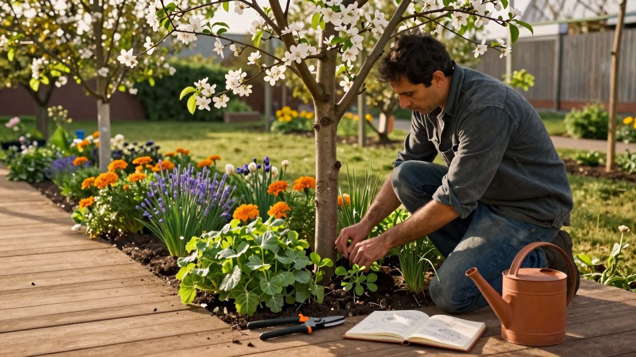 Homem cuidando de plantas em jardim florido próximo a árvore com flores brancas na primavera.