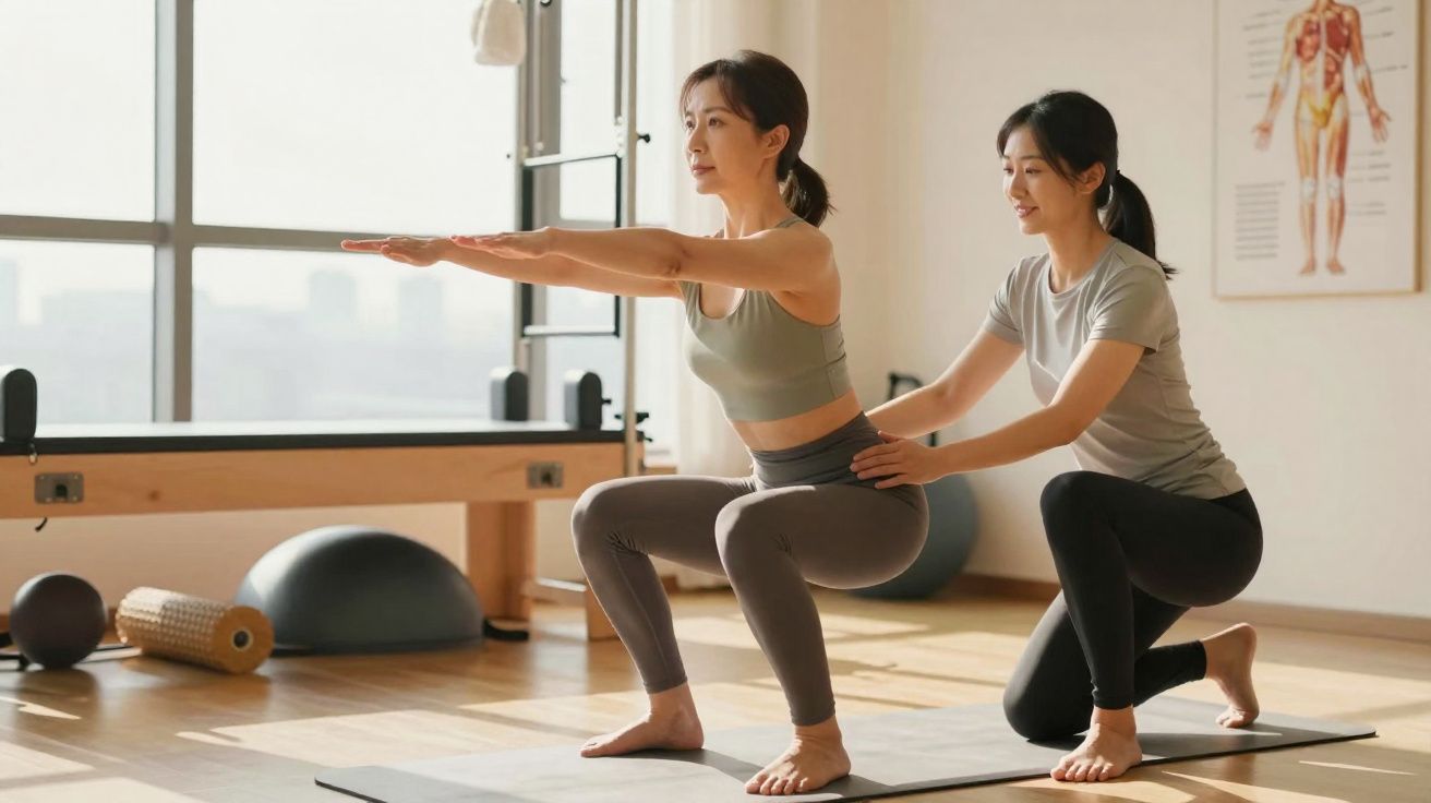 Mulher fazendo agachamento com instrutora auxiliando em estúdio de pilates iluminado pelo sol.