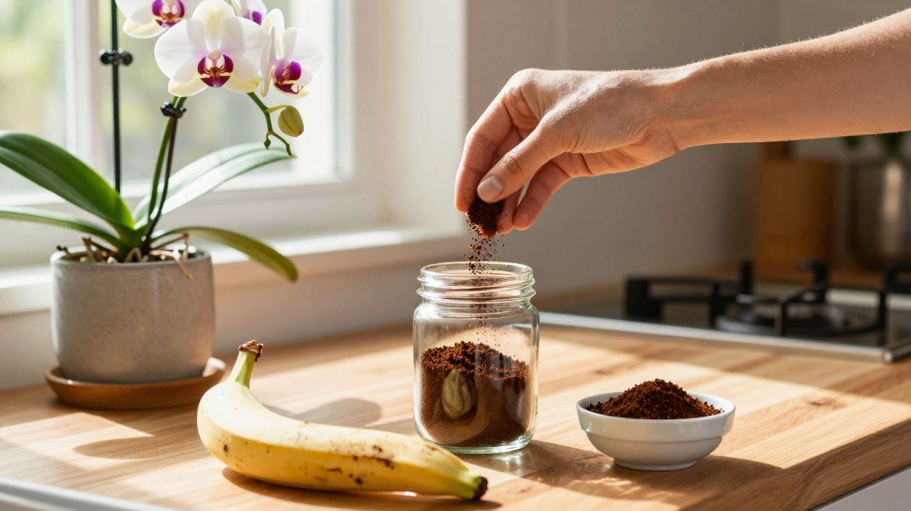 Mão colocando café moído em pote de vidro sobre bancada com banana e vaso de orquídea.