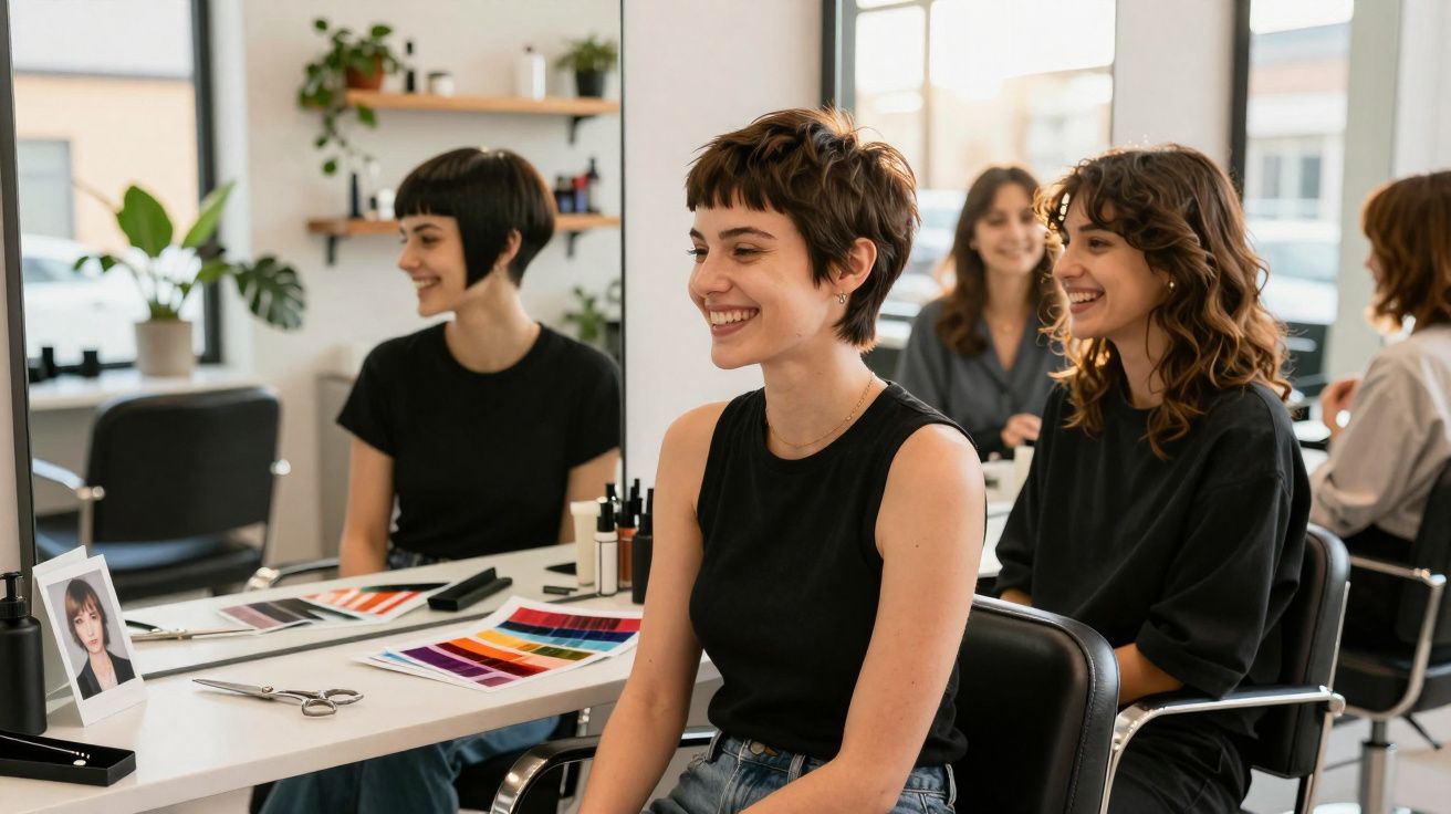 Jovem sorrindo sentada em cadeira de salão de beleza com profissional ao fundo e mostruário de cores sobre mesa.