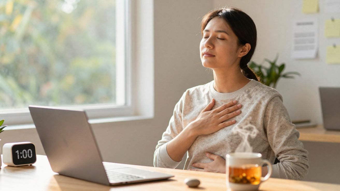 Mulher sentada em mesa com laptop, mão no peito e olhos fechados, respirando profundamente em ambiente claro.