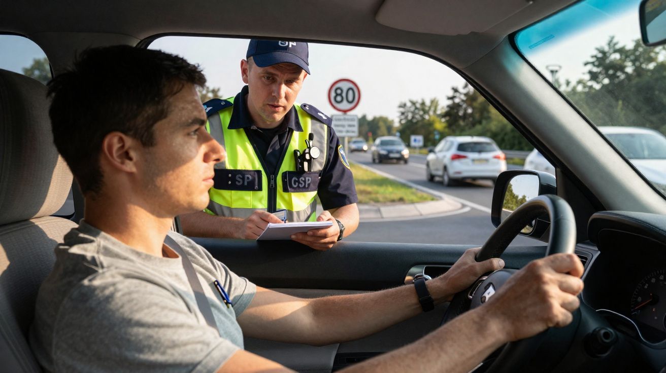 Policial de trânsito aborda motorista dentro de carro em via com limite de velocidade de 80 km/h.