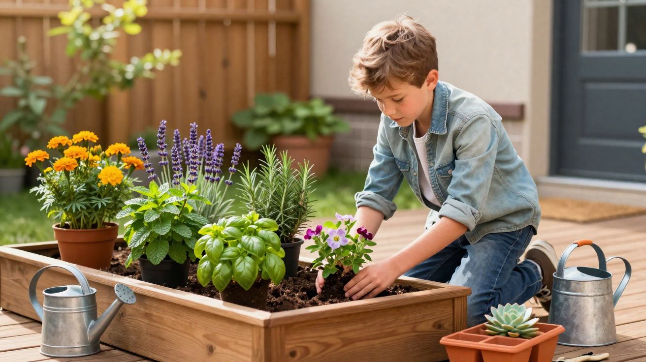 Menino cuidando de plantas em canteiro de madeira no jardim de casa, com regadores ao lado.