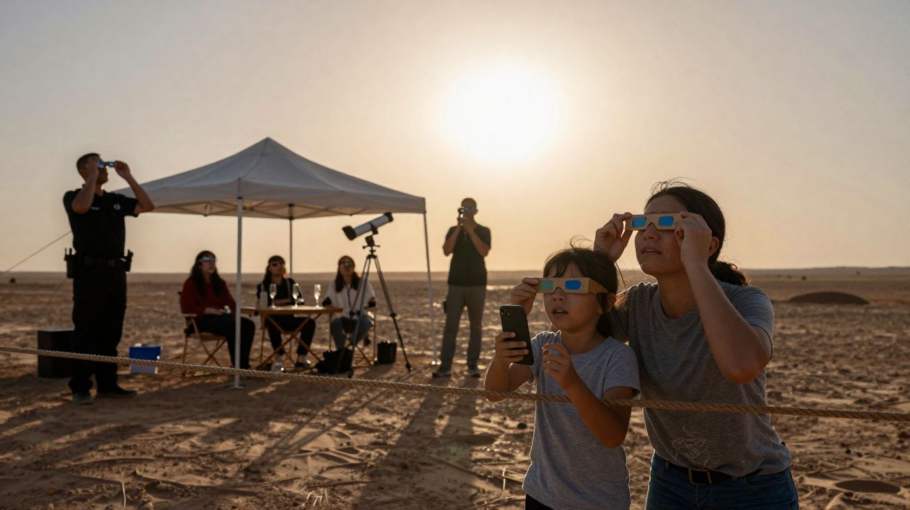 Grupo de pessoas em observação solar com óculos especiais em área aberta e areia ao pôr do sol.