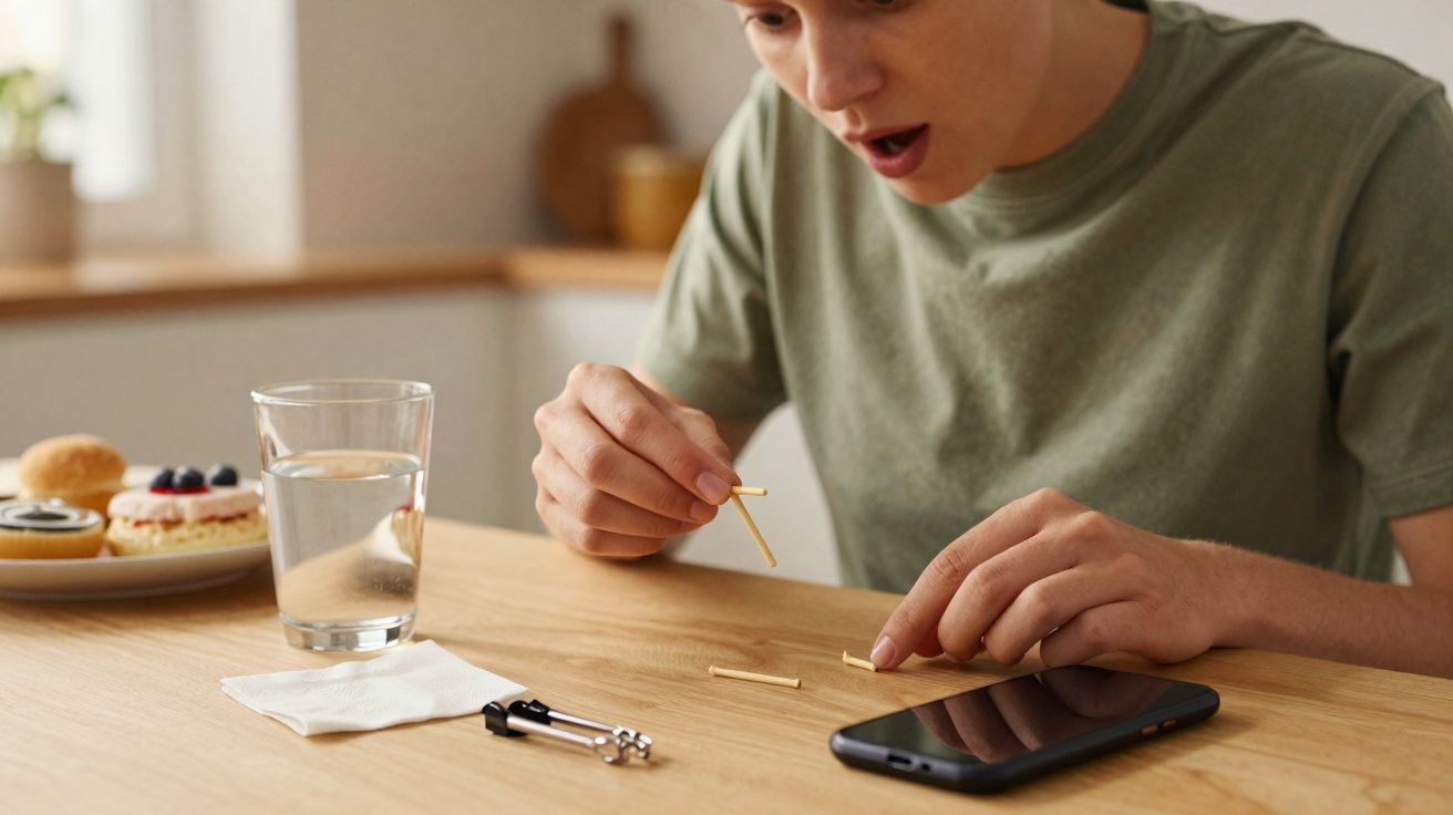 Pessoa encantada montando uma miniatura de palitos de fósforo sobre uma mesa com celular e copo d'água.