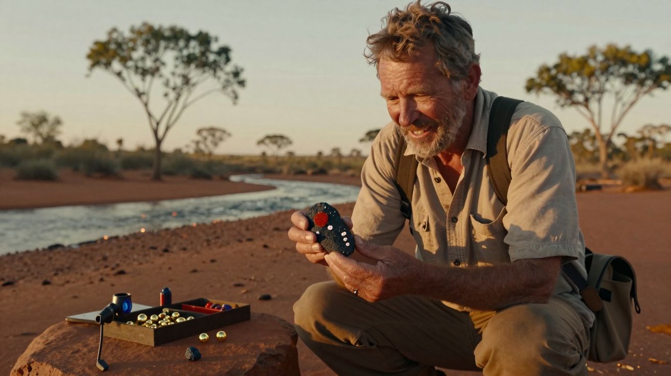 Homem sorridente observando artefato indígena sentado em pedra no deserto ao pôr do sol.
