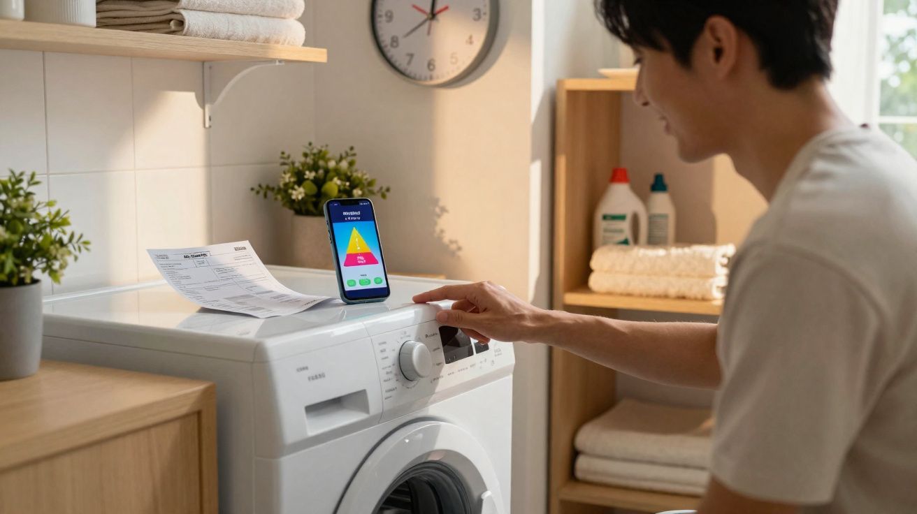 Homem manuseando máquina de lavar roupas com relógio e smartphone exibindo controle de ciclos ao fundo.