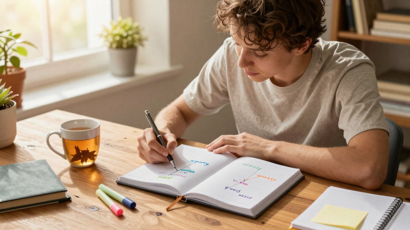 Jovem escrevendo e fazendo anotações coloridas em livro aberto à mesa com xícara de chá e cadernos.