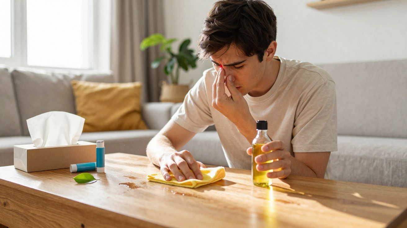Jovem com sintomas de alergia segurando frasco e limpando mesa, com inalador e lenços ao lado.
