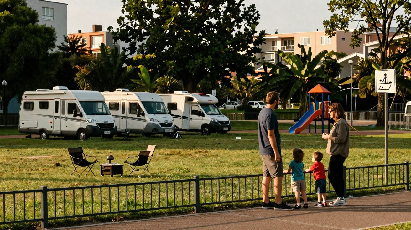 Família de quatro pessoas conversa em parque com trailers estacionados e playground ao fundo.