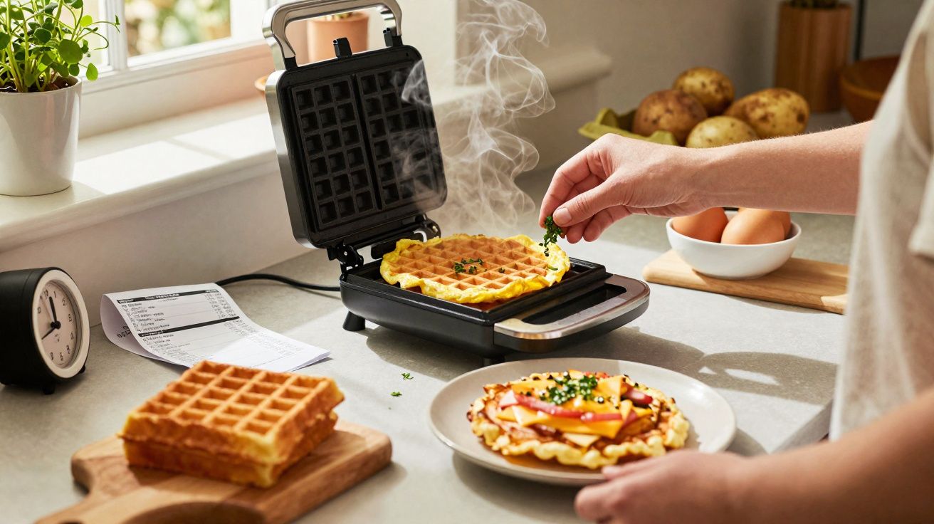 Pessoa adiciona ervas em waffle quente saindo da máquina, com waffles prontos e ingredientes na bancada.